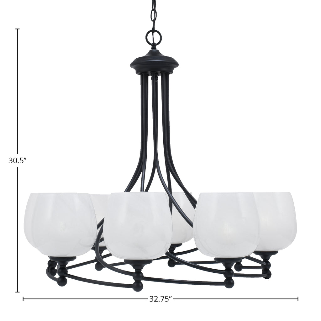 Capri Eight Light Chandelier in Matte Black with 6" White Marble Shade