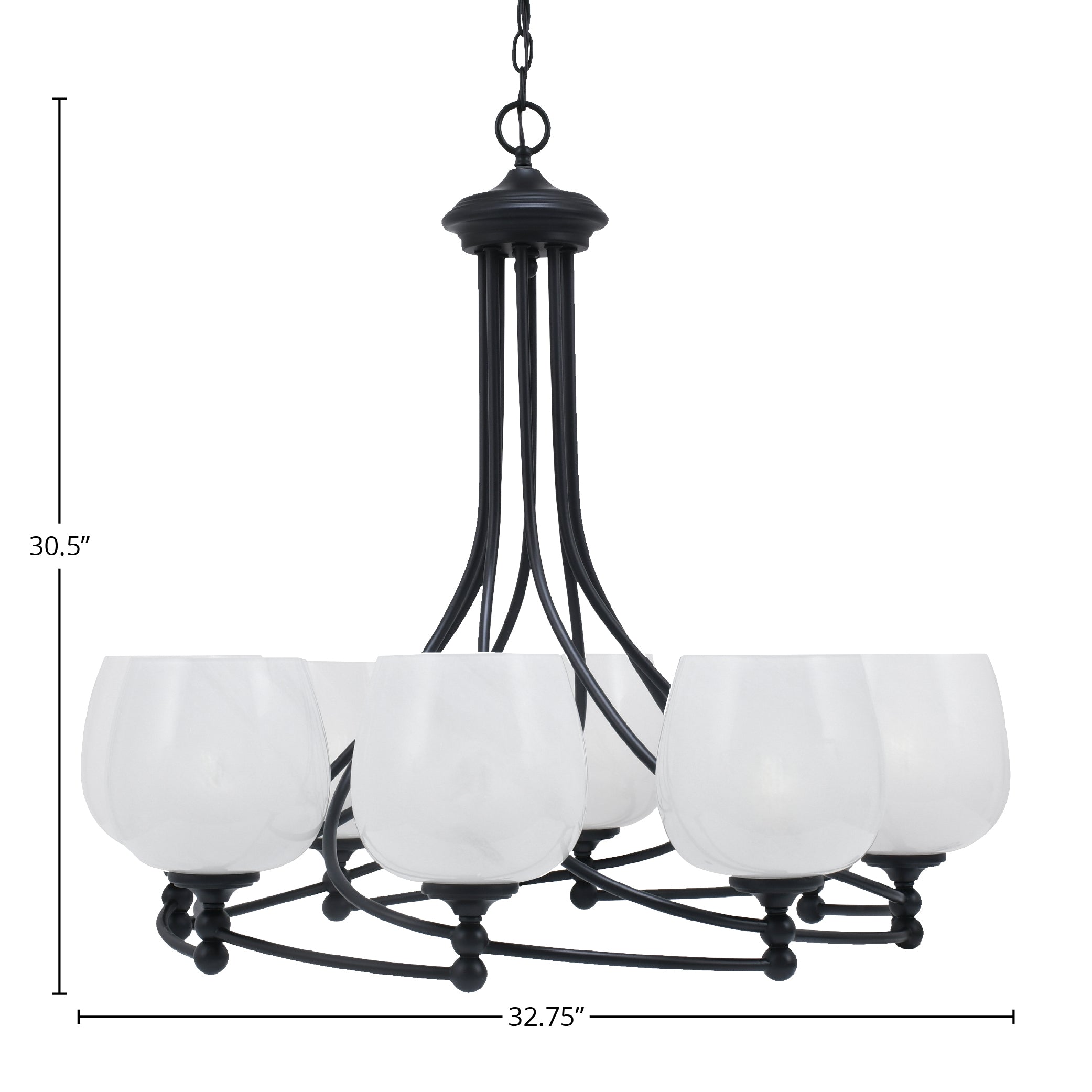 Capri Eight Light Chandelier in Matte Black with 6" White Marble Shade