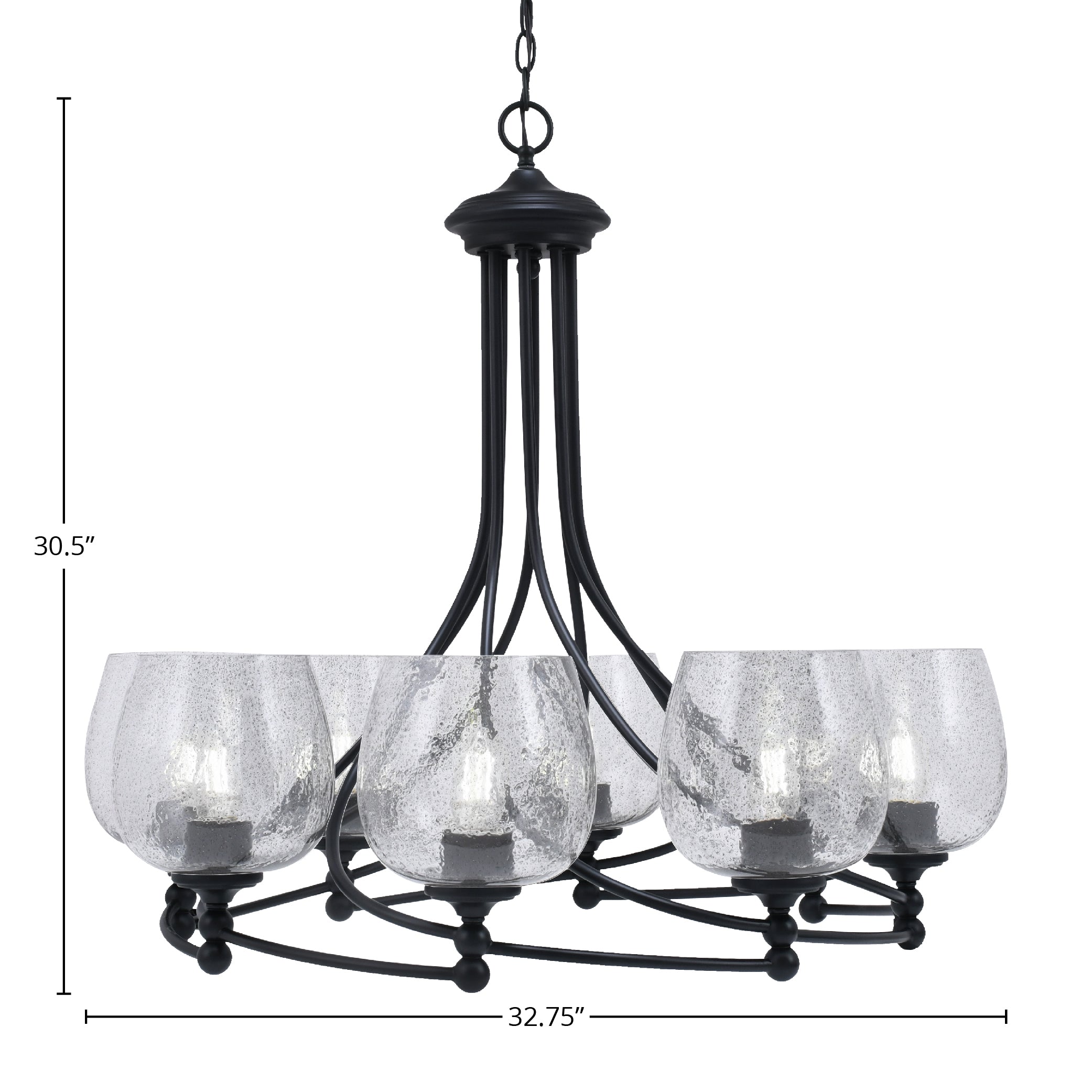 Capri Eight Light Chandelier in Matte Black with 6" Smoke Bubble Shade