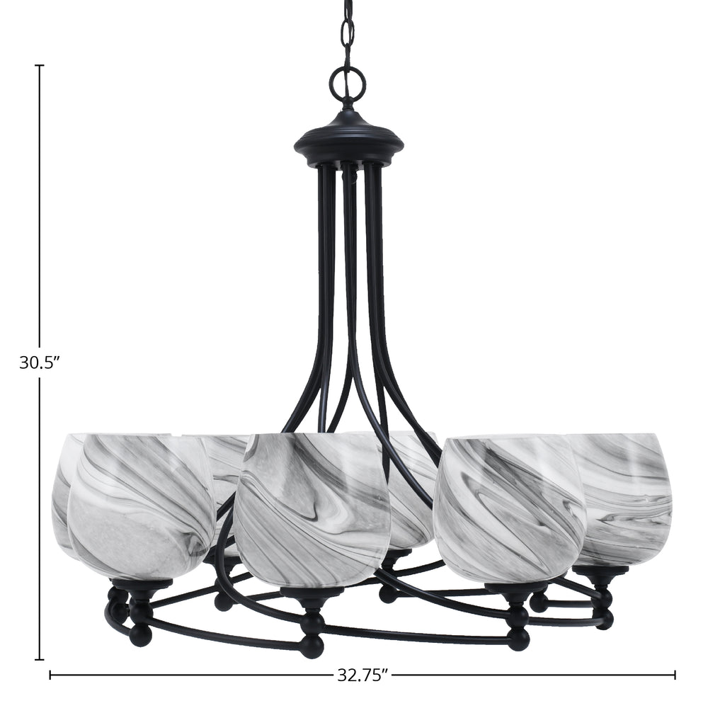 Capri Eight Light Chandelier in Matte Black with 6" Onyx Swirl Shade