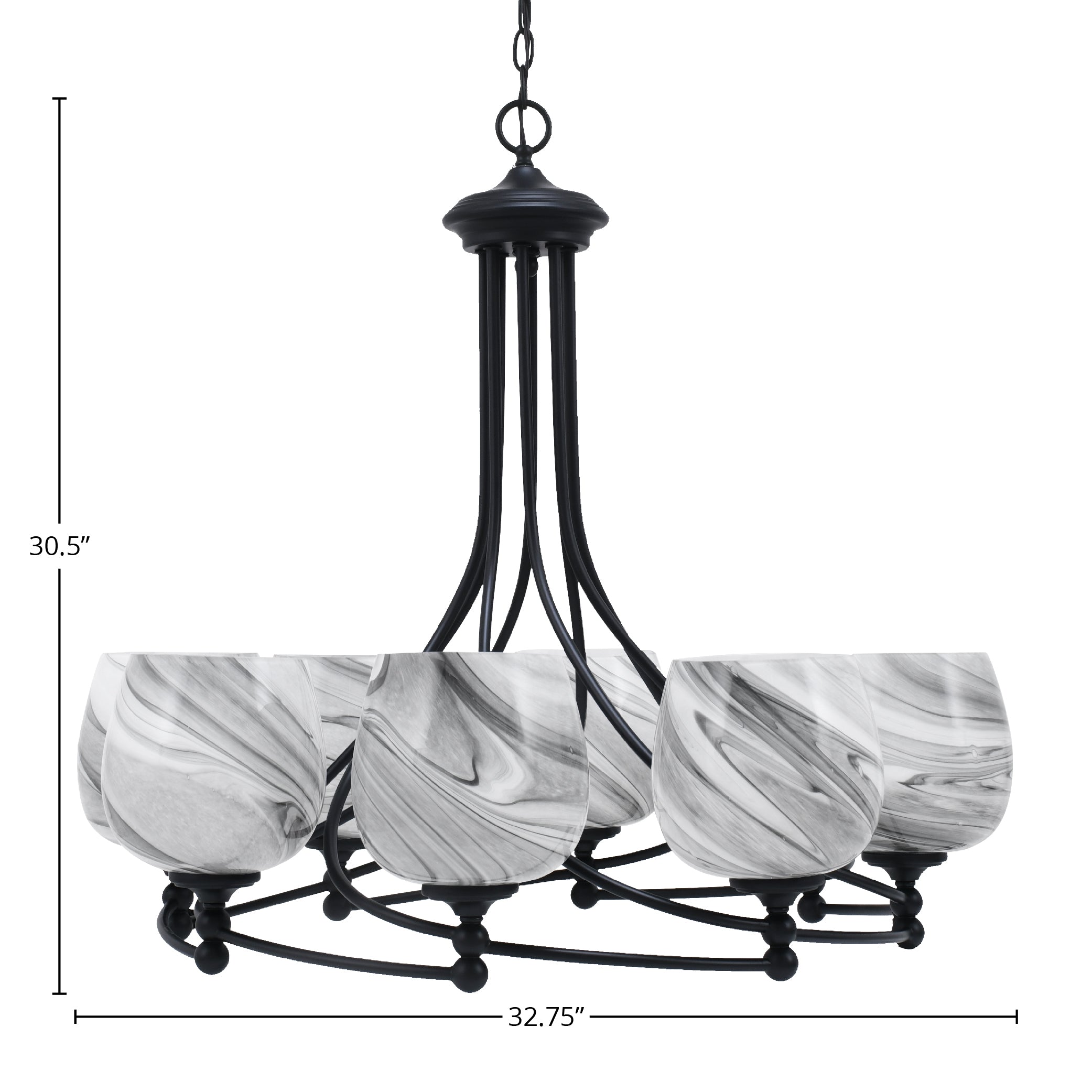 Capri Eight Light Chandelier in Matte Black with 6" Onyx Swirl Shade