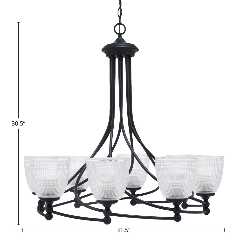 Capri Eight Light Chandelier in Matte Black with 5" Clear Ribbed Shade