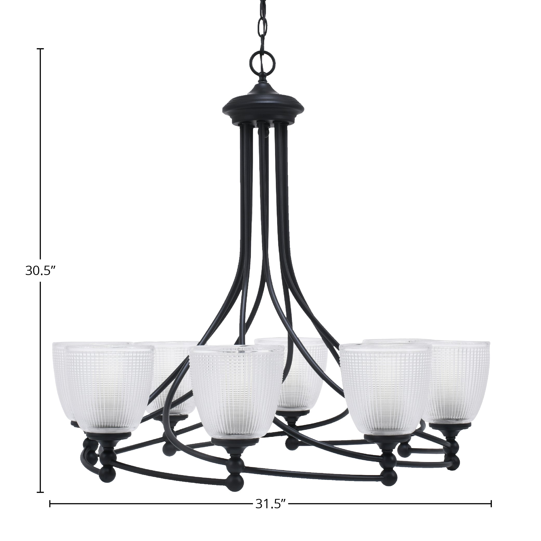 Capri Eight Light Chandelier in Matte Black with 5" Clear Ribbed Shade