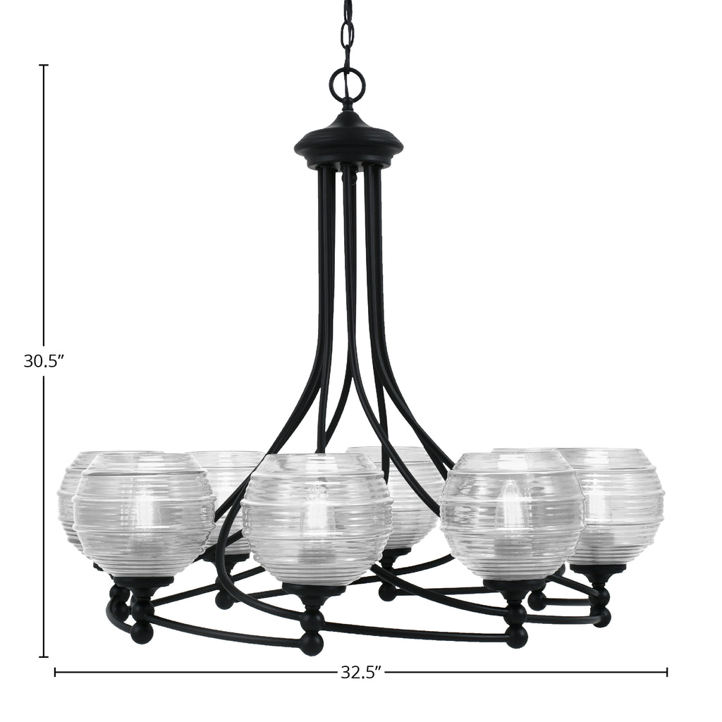 Capri Eight Light Chandelier in Matte Black with 6" Clear Ribbed Shade