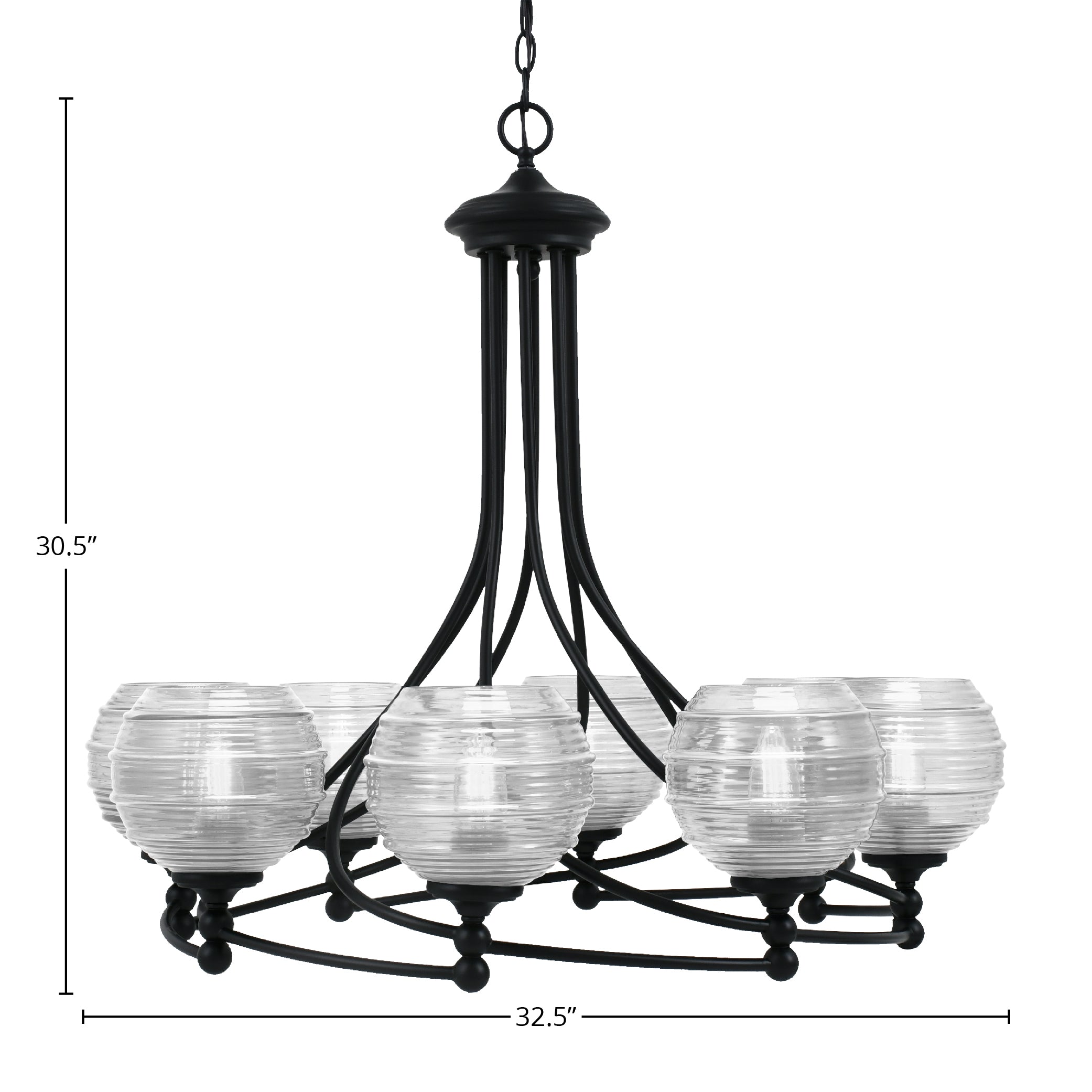 Capri Eight Light Chandelier in Matte Black with 6" Clear Ribbed Shade