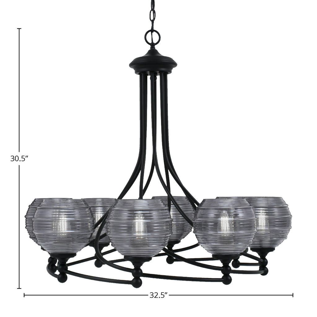 Capri Eight Light Chandelier in Matte Black with 6" Smoke Ribbed Shade