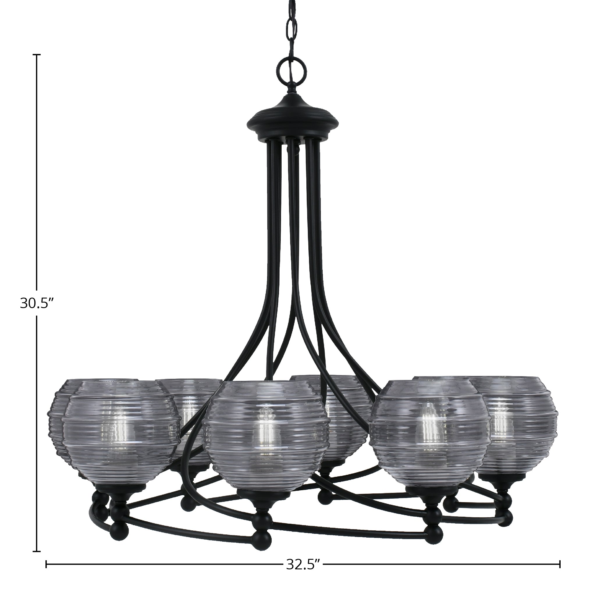 Capri Eight Light Chandelier in Matte Black with 6" Smoke Ribbed Shade
