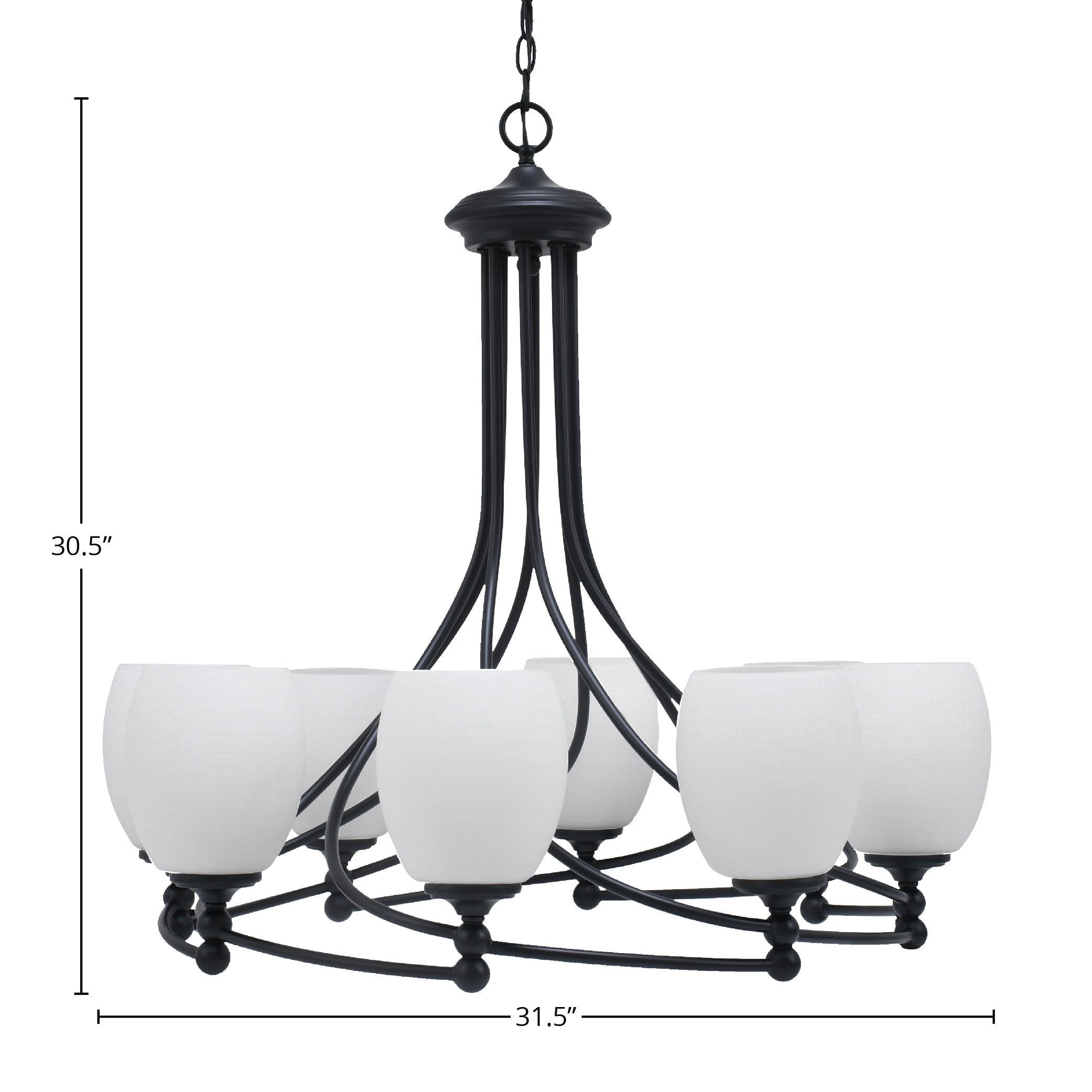 Capri Eight Light Chandelier in Matte Black with 5" White Linen Shade