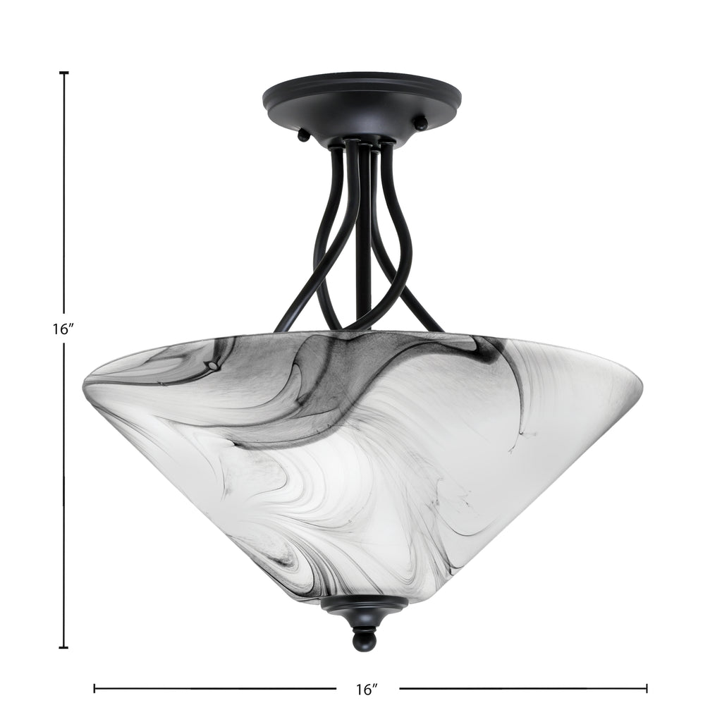 Capri Three Light Semi-Flush Mount in Matte Black with 16" Onyx Swirl Shade