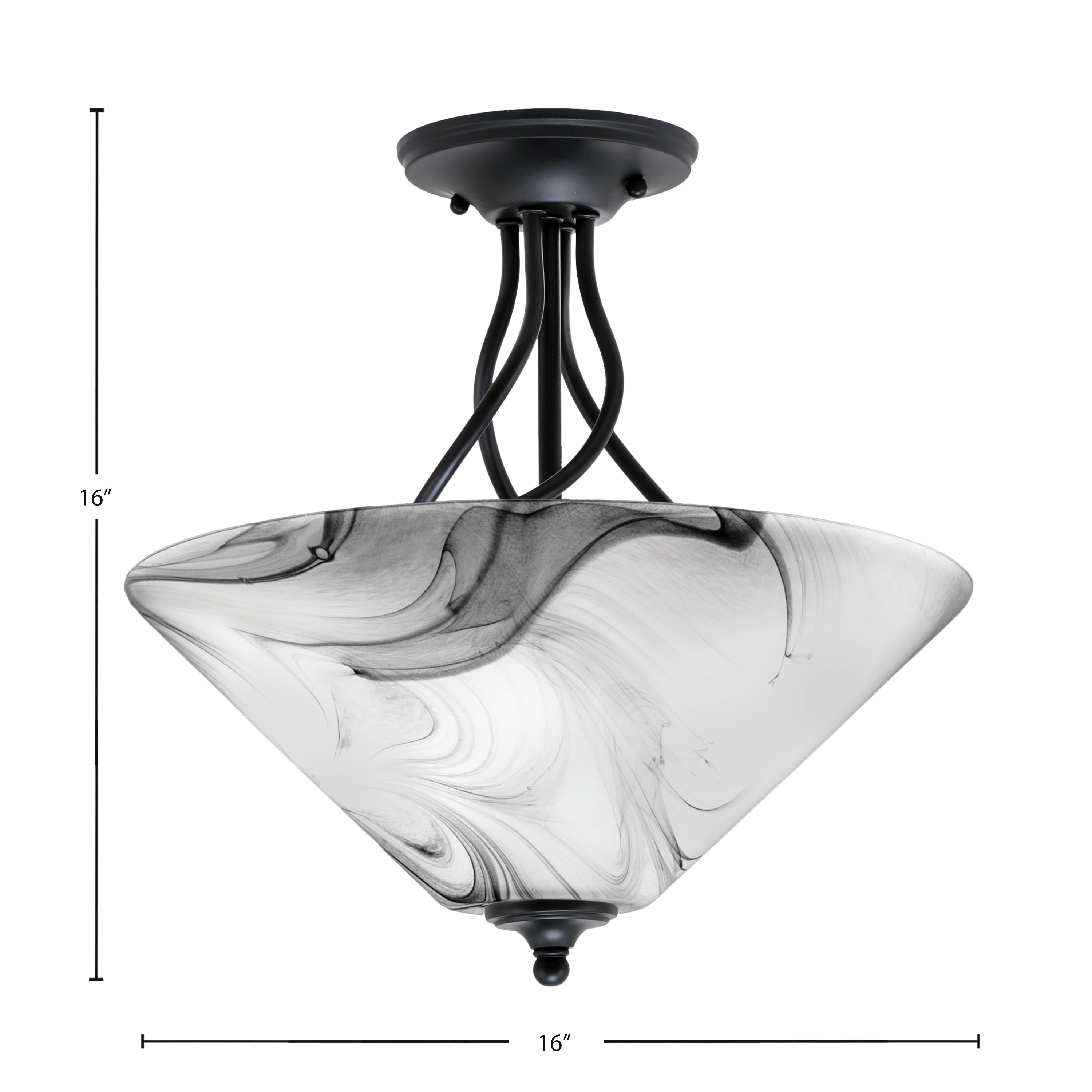 Capri Three Light Semi-Flush Mount in Matte Black with 16" Onyx Swirl Shade