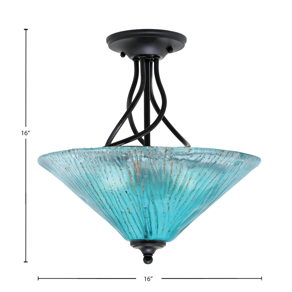 Capri Three Light Semi-Flush Mount in Matte Black with 16" Teal Crystal Shade