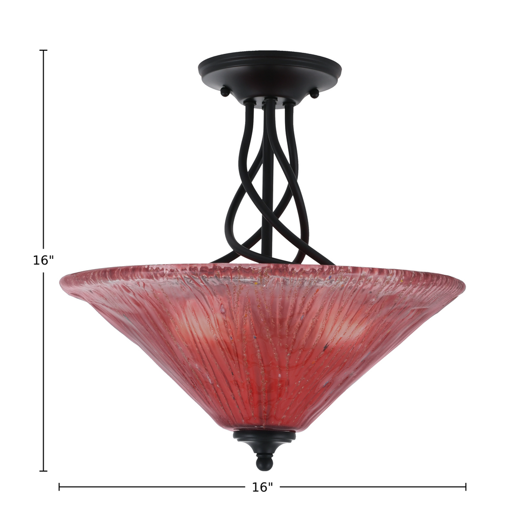 Capri Three Light Semi-Flush Mount in Matte Black with 16" Raspberry Crystal Shade