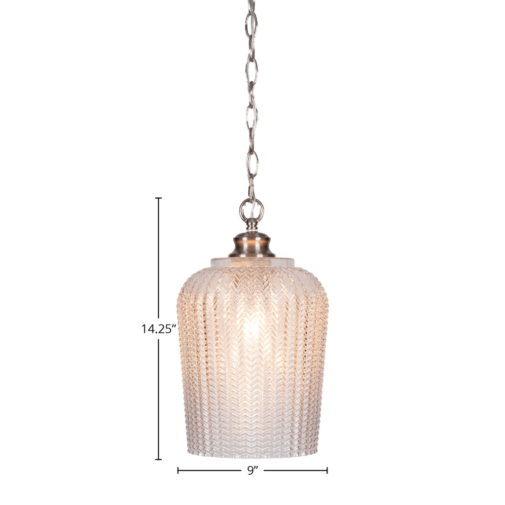 Cordova One Light Pendant in Brushed Nickel with 9" Clear Textured Shade
