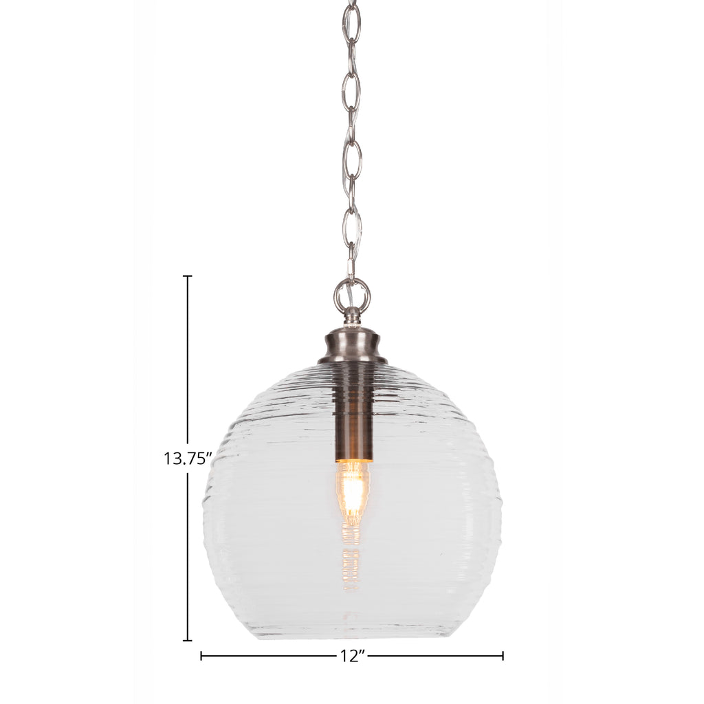 Malena One Light Pendant in Brushed Nickel with 12" Clear Ribbed Shade