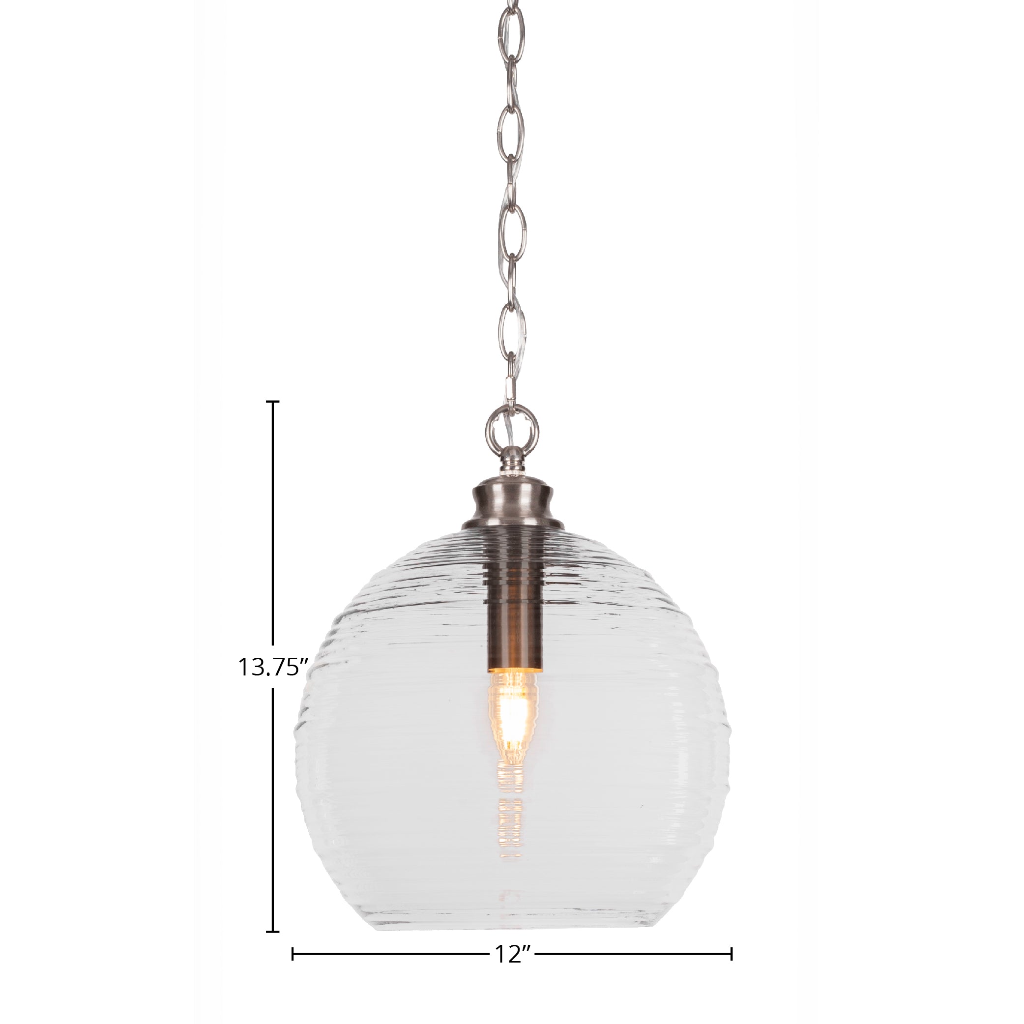 Malena One Light Pendant in Brushed Nickel with 12" Clear Ribbed Shade