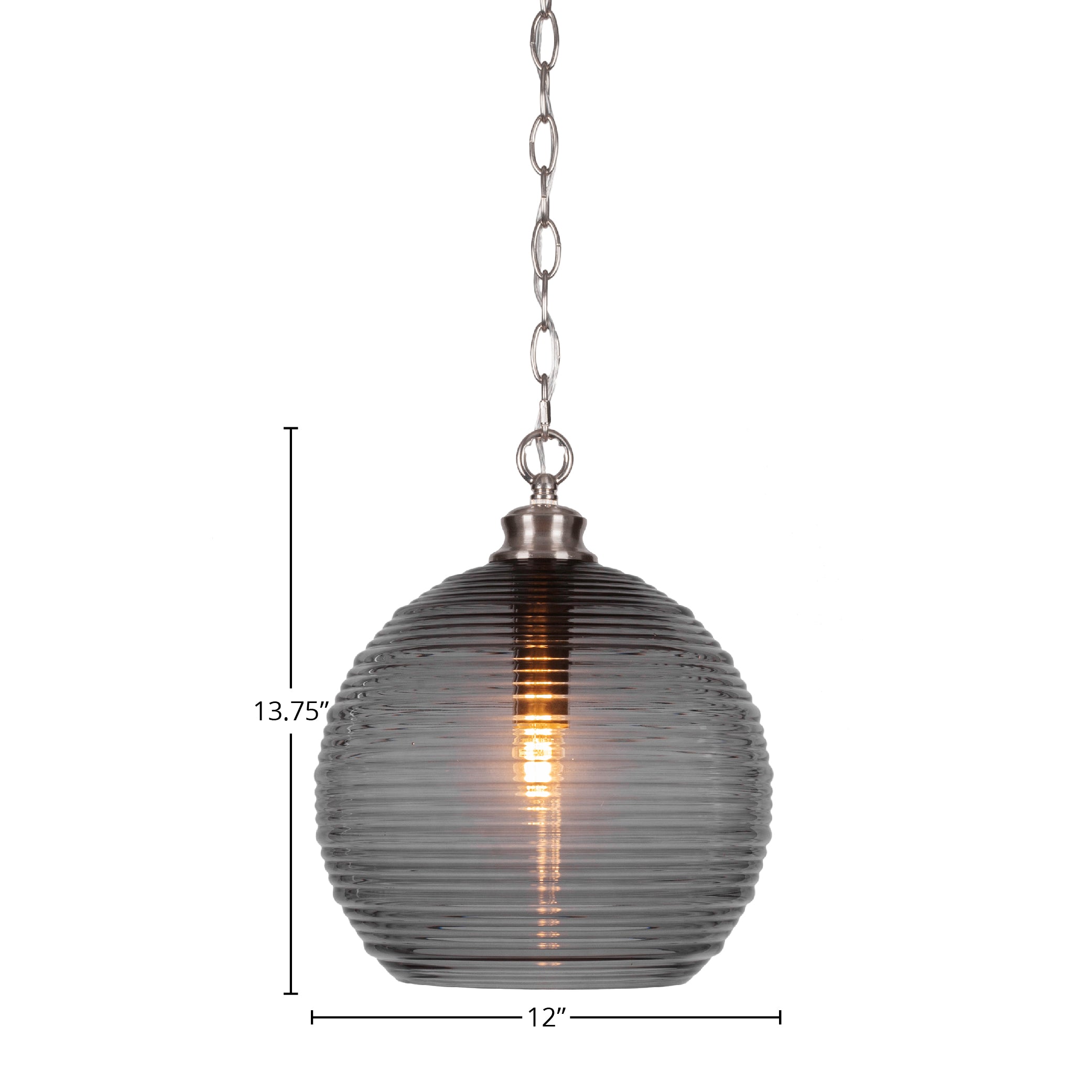 Malena One Light Pendant in Brushed Nickel with 12" Smoke Ribbed Shade