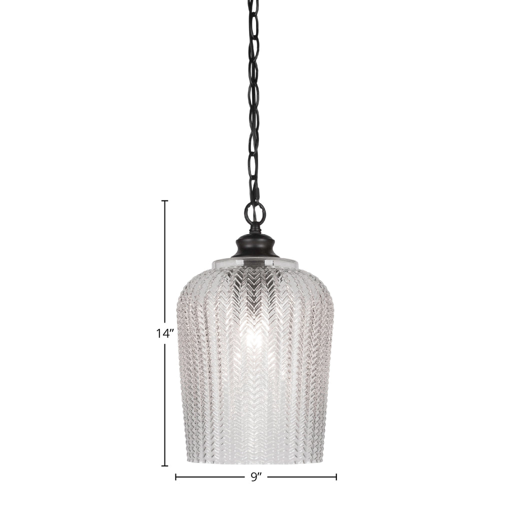 Cordova One Light Pendant in Matte Black with 9" Clear Textured Shade