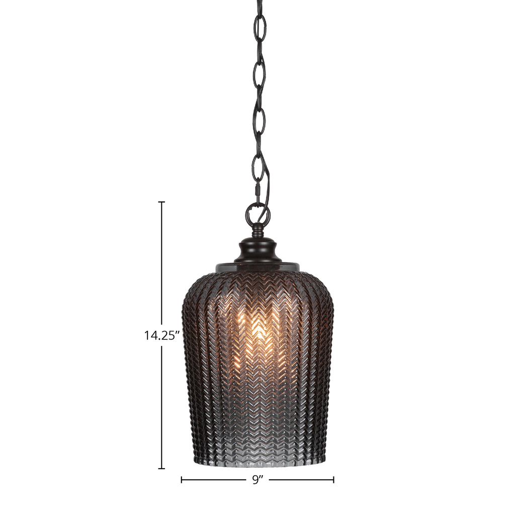 Cordova One Light Pendant in Matte Black with 9" Smoke Textured Shade