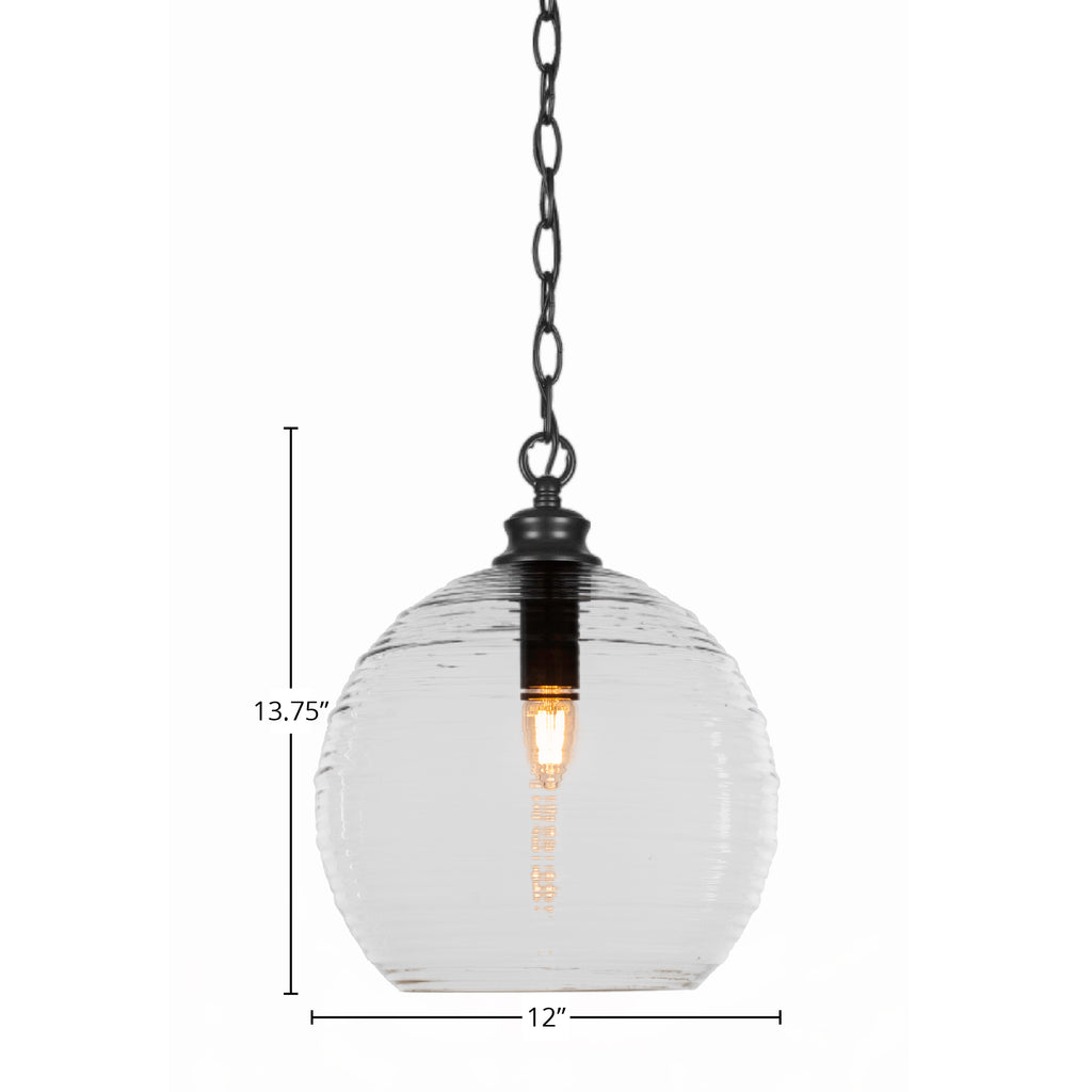 Malena One Light Pendant in Matte Black with 12" Clear Ribbed Shade
