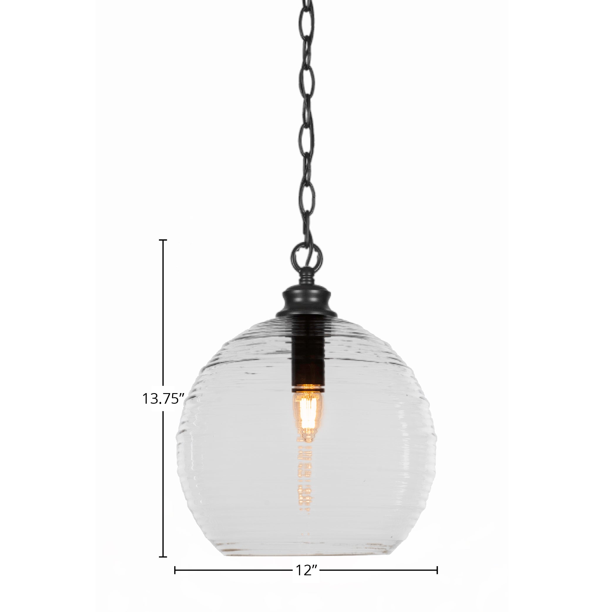 Malena One Light Pendant in Matte Black with 12" Clear Ribbed Shade