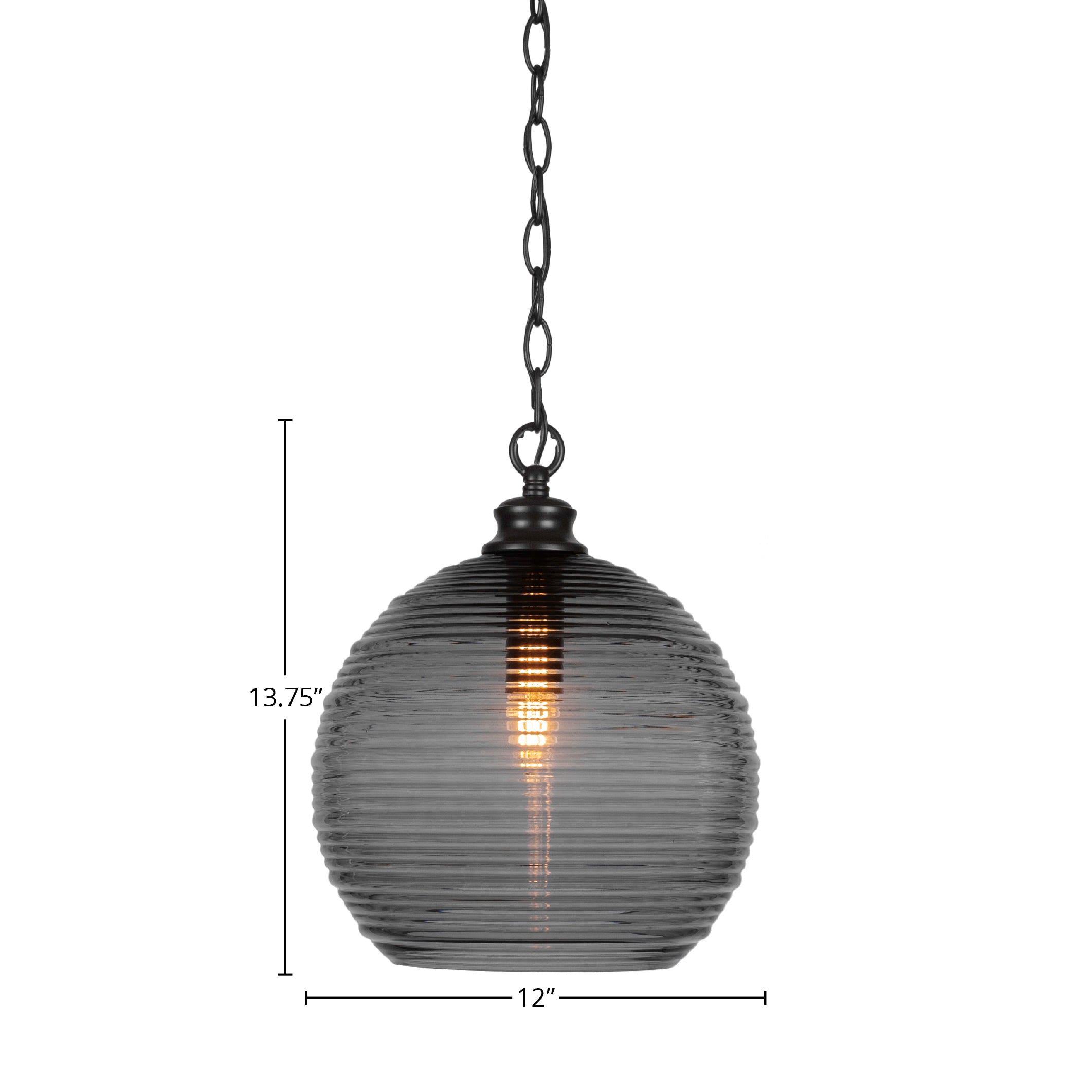 Malena One Light Pendant in Matte Black with 12" Smoke Ribbed Shade