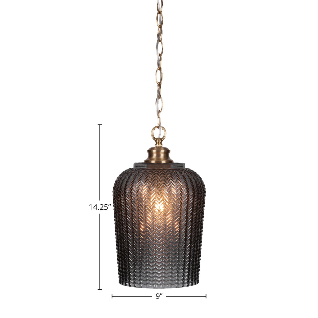 Cordova One Light Pendant in New Age Brass with 9" Smoke Textured Shade