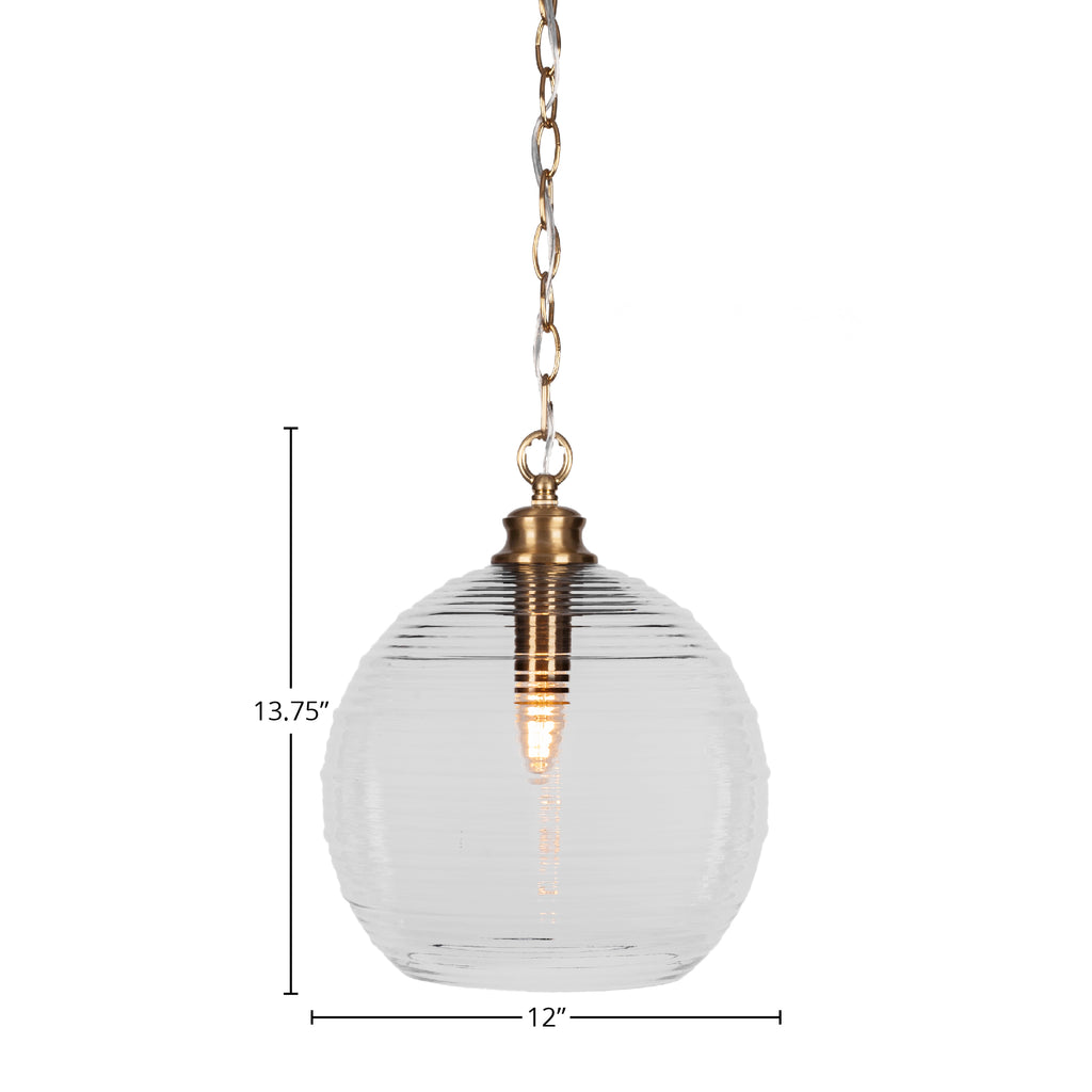 Malena One Light Pendant in New Age Brass with 12" Clear Ribbed Shade