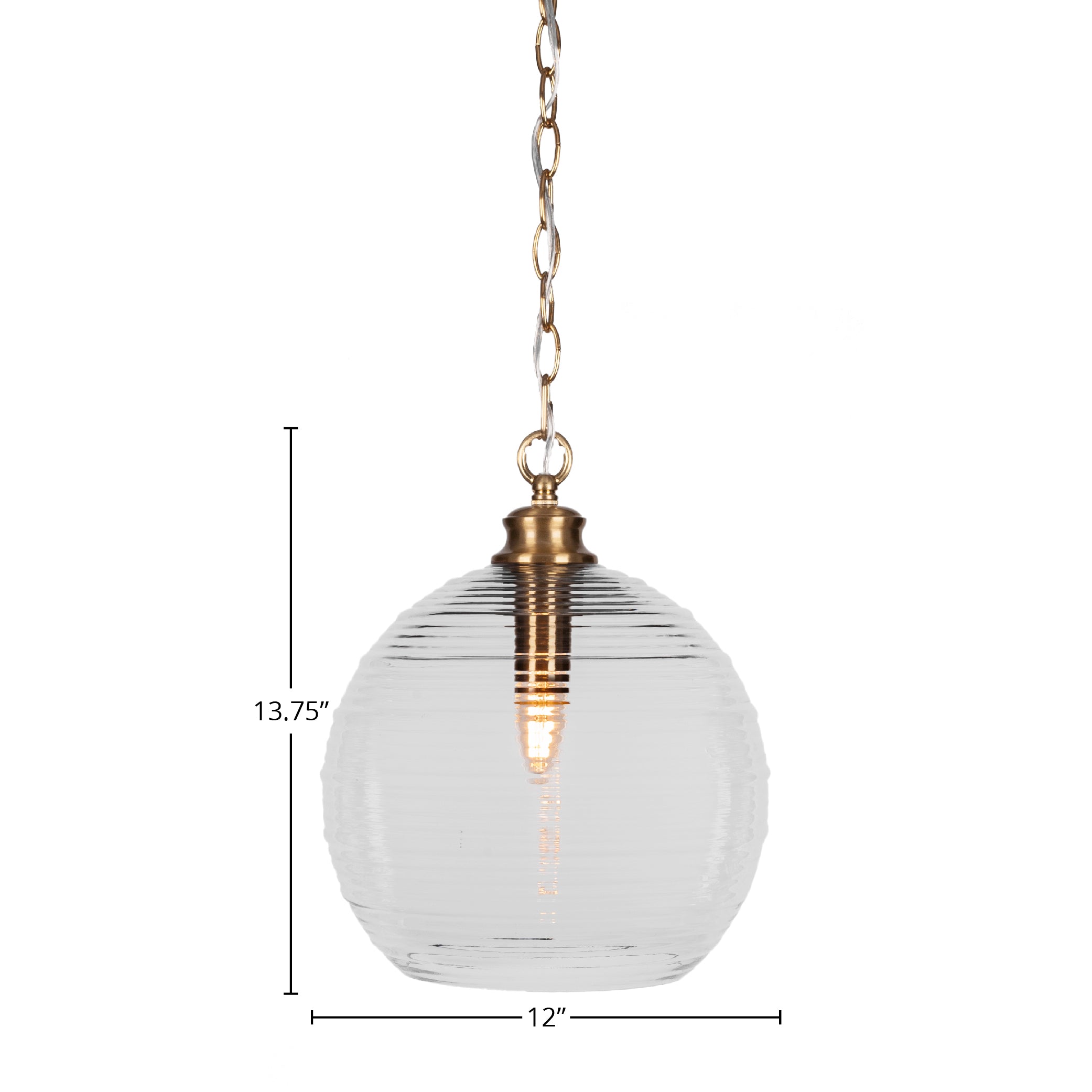 Malena One Light Pendant in New Age Brass with 12" Clear Ribbed Shade