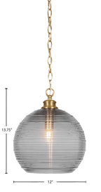 Malena One Light Pendant in New Age Brass with 12" Smoke Ribbed Shade