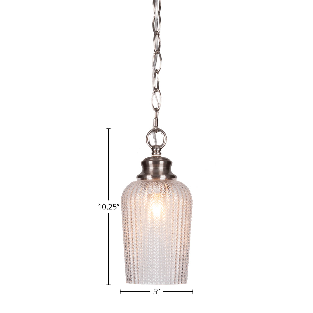 Cordova One Light Pendant in Brushed Nickel with 5" Clear Textured Shade