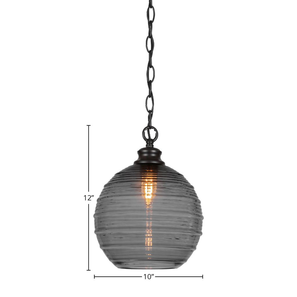 Malena One Light Pendant in Matte Black with 10" Smoke Ribbed Shade