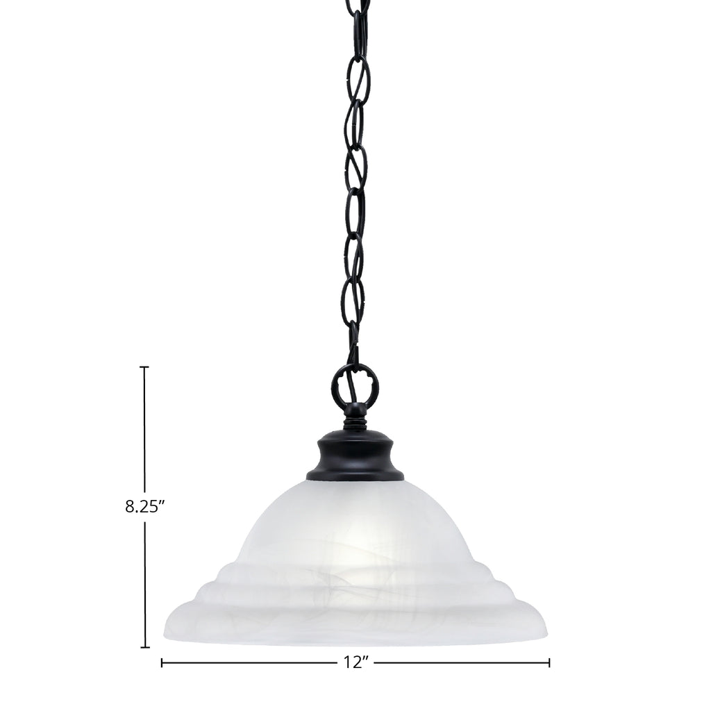Chain One Light Pendant in Matte Black with 12" White Alabaster Swirl Shade