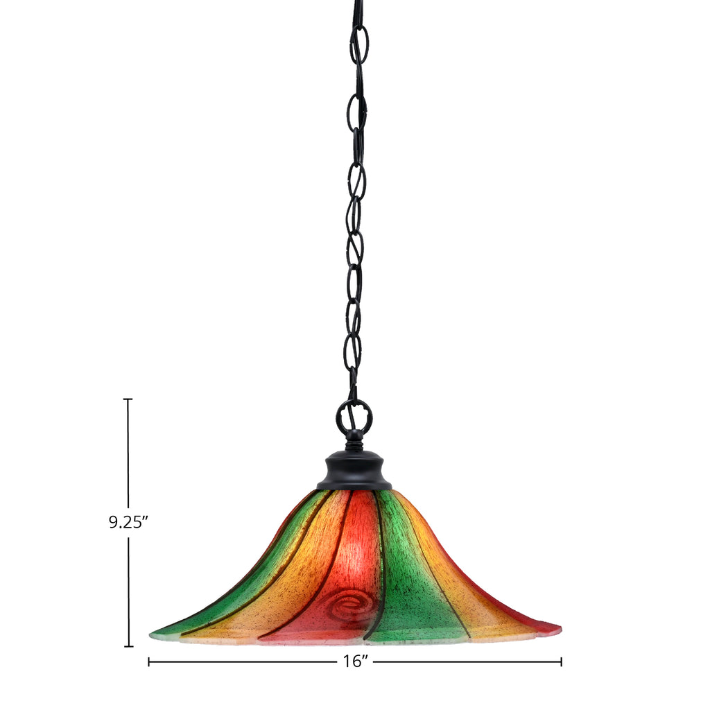 Chain One Light Pendant in Matte Black with 16" Mardi Gras Shade