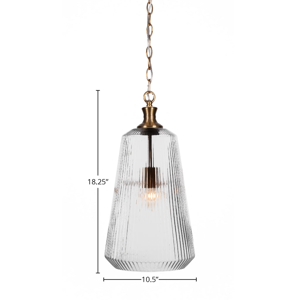 Carina One Light Pendant in New Age Brass with 11" Clear Ribbed Shade