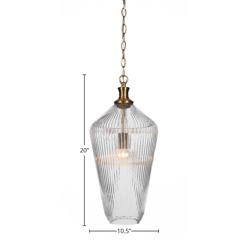 Carina One Light Pendant in New Age Brass with 11" Clear Ribbed Shade