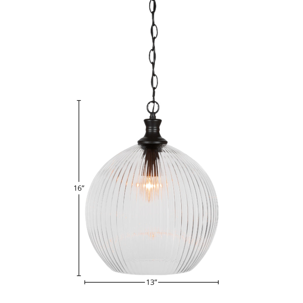 Carina One Light Pendant in Matte Black with 13.75" Clear Ribbed Shade
