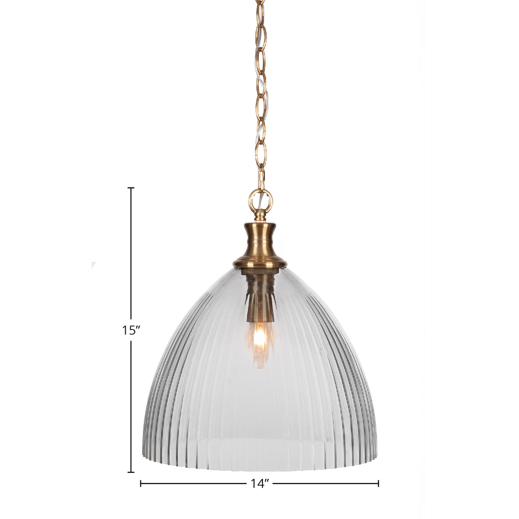 Carina One Light Pendant in New Age Brass with 14" Clear Ribbed Shade