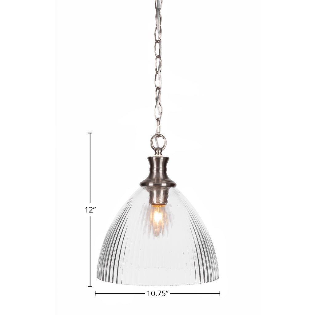 Carina One Light Pendant in Brushed Nickel with 10.75" Clear Ribbed Shade
