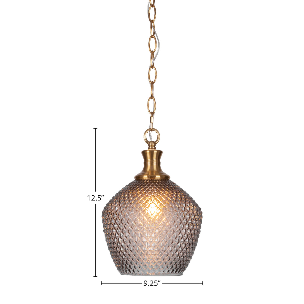 Zola One Light Pendant in New Age Brass with 9" Smoke Textured Shade