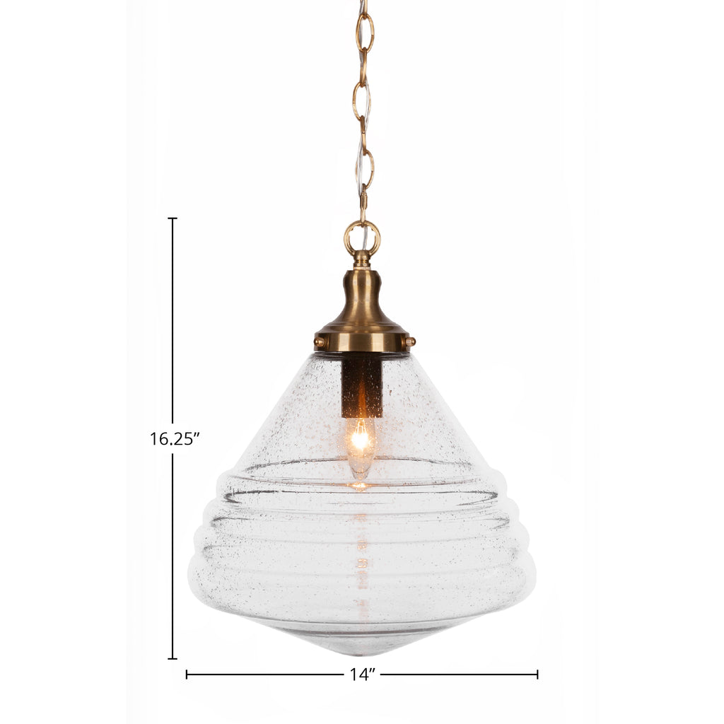 Juno One Light Pendant in New Age Brass with 14" Clear Bubble Shade